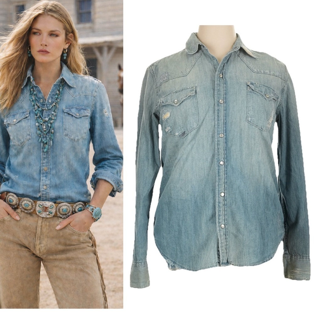 Ralph Lauren Dungarees Distressed Denim Button Up Shirt Pearl Snap Western Women
